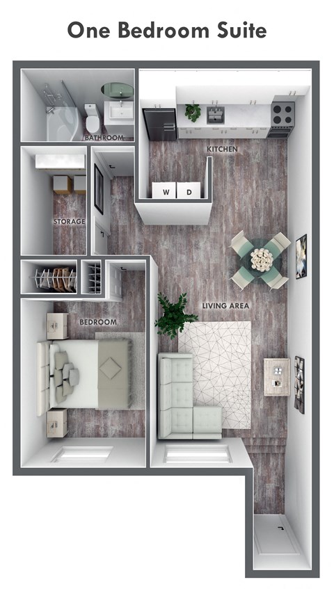 a floor plan of a one bedroom suite with a bathroom and a living room